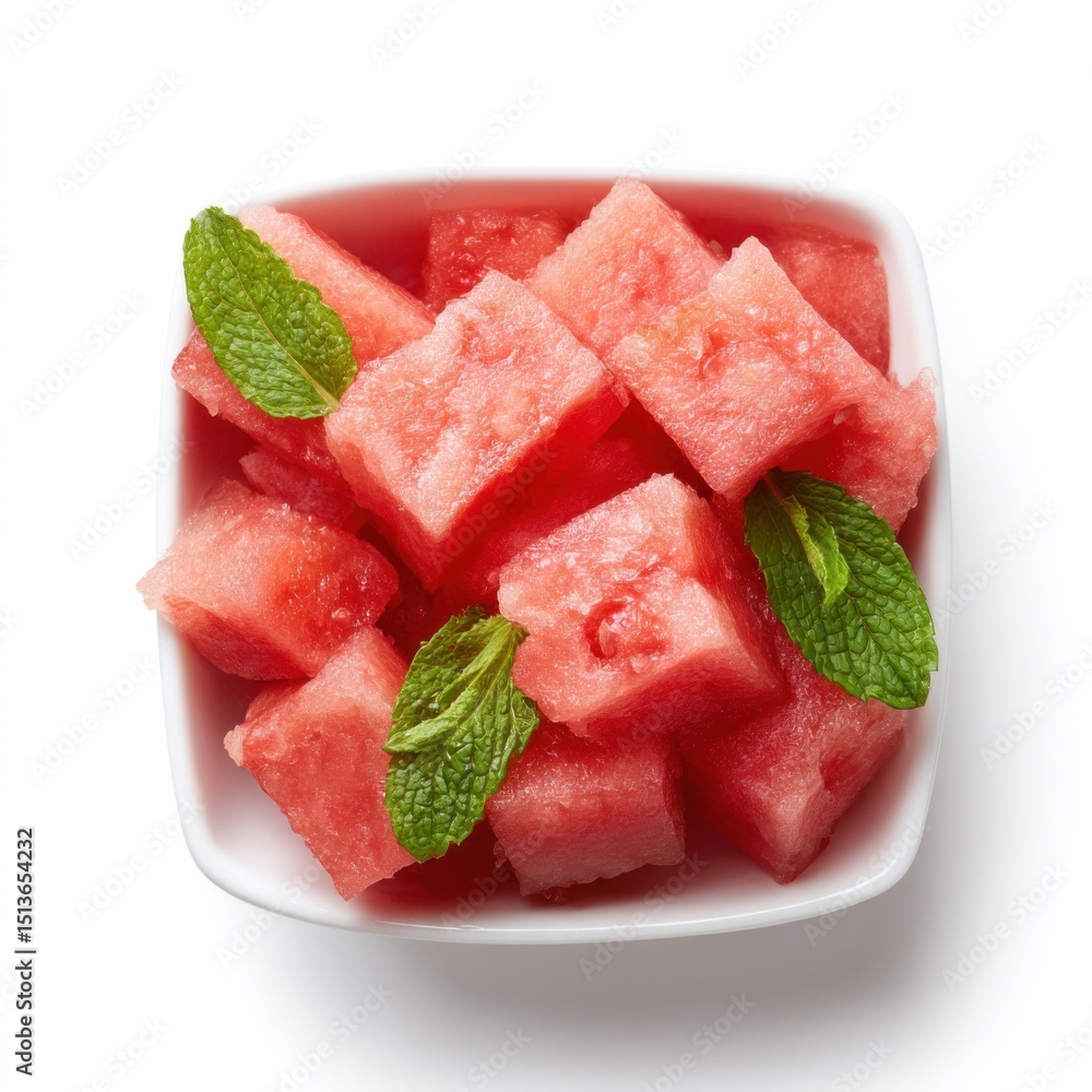 Diced Watermelon in a White Bowl Garnished With Mint Leaves, Representing Refreshment and Healthy Eating Habits for Summer Promotions : Generative AI Diced Watermelon in a White Bowl Garnished With Mint Leaves, Representing Refreshment and Healthy Eating Habits for Summer Promotions : Generative AI