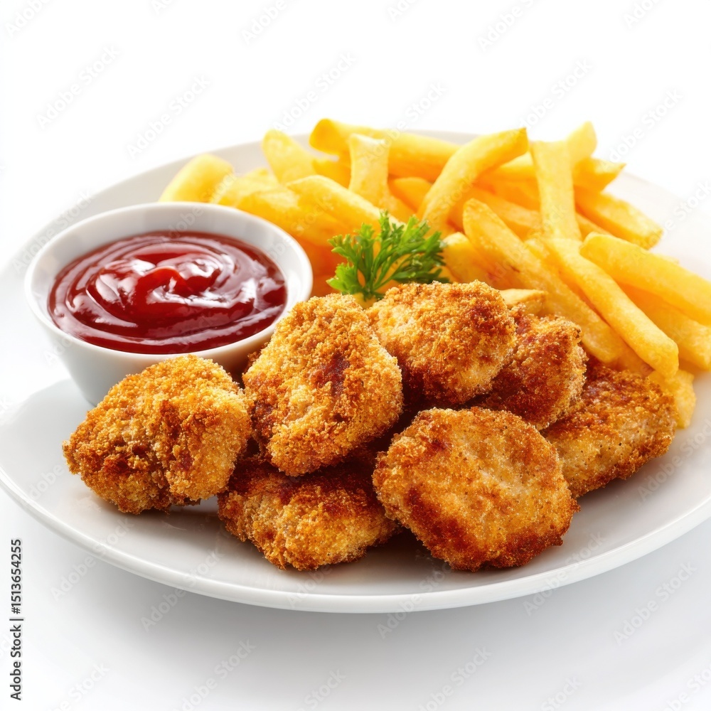 Crispy Chicken Nuggets and French Fries with Ketchup on White Plate, Representing Comfort Food and Childhood Nostalgia, Perfect for Restaurant Menu : Generative AI Crispy Chicken Nuggets and French Fries with Ketchup on White Plate, Representing Comfort Food and Childhood Nostalgia, Perfect for Restaurant Menu : Generative AI