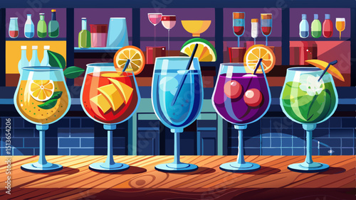 Five colorful gin tonic cocktails in wine glasses on bar counter in pup or restaurant