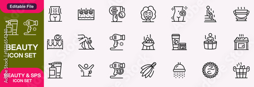 Beauty Products Line Icon Set contains Eyeliner, Lipstick, Make Up, Mascara, Comb, Perfume, Cream, Hair Straightener and so on icons.