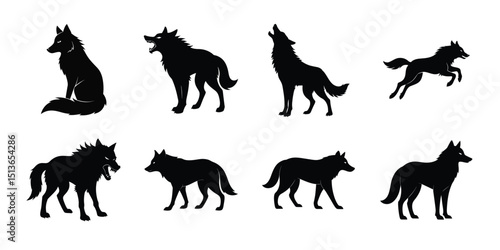 Set of vector wolf silhouette isolated on white background