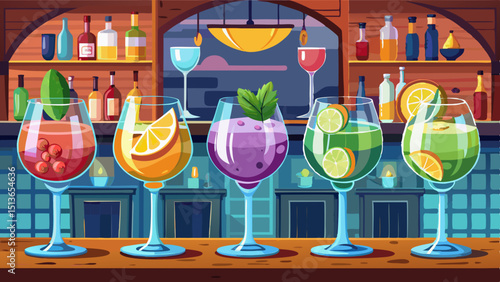 Five colorful gin tonic cocktails in wine glasses on bar counter in pup or restaurant