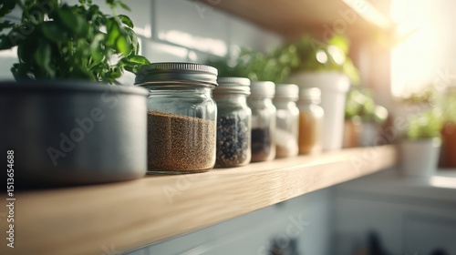 Fototapeta Naklejka Na Ścianę i Meble -  A neatly arranged collection of spice jars on a rustic wooden shelf, highlighting the beauty of organization and the importance of culinary herbs in everyday cooking.