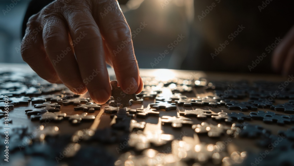 Senior Hand Placing Puzzle Piece, Symbolizing Problem Solving and Cognitive Wellness for Brain Health Awareness and Mental Acuity in Later Life : Generative AI Senior Hand Placing Puzzle Piece, Symbolizing Problem Solving and Cognitive Wellness for Brain Health Awareness and Mental Acuity in Later Life : Generative AI