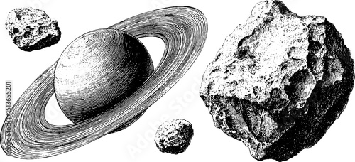 Detailed engraving of saturn and its rings with asteroids for astronomy projects