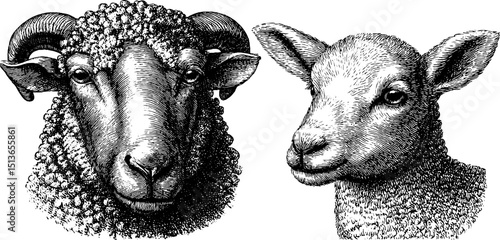 Sheep and lamb illustration engraved design. Animal art decor with nature and livestock. Vintage head drawing in black and white
