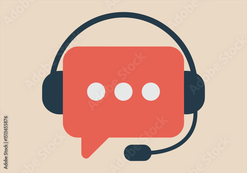 Vector illustration of red chat bubble with black headset and microphone - chat bubble, headset, microphone, vector, communication, customer support, icon, conversation, talk, service.
