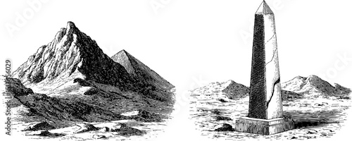 Engraved illustration set featuring shifting dunes and ancient obelisk landmarks