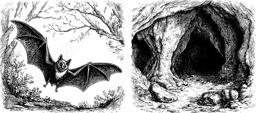 Detailed engraved illustration of bat in flight and mysterious cave entrance