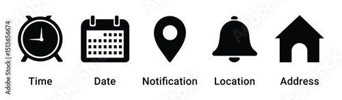 Time, date, and address icon set. Event calendar reminder clock business schedule signs, location pin symbol, place pointer time map elements isolated on transparent png. vector illustration