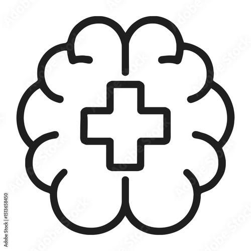 Mental Health Icon with Brain and Medical Cross in Line Art Style