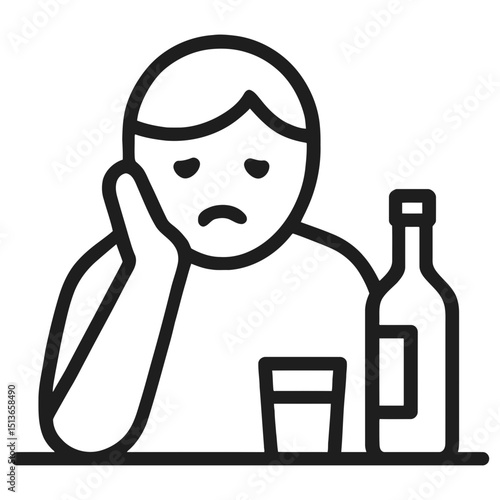 Sad Person with Alcohol Bottle Icon Representing Addiction or Loneliness