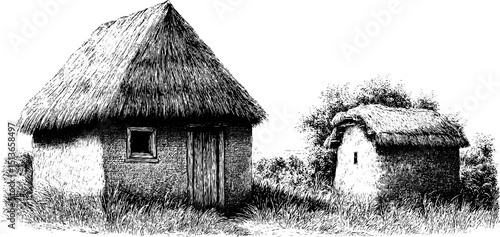 Engraved illustration of simple desert house set with thatched roofs