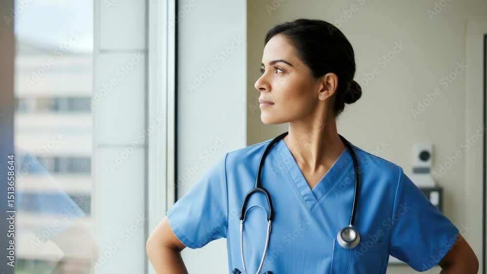 Female healthcare worker in blue scrubs, looking thoughtful by window Female healthcare worker in blue scrubs, looking thoughtful by window