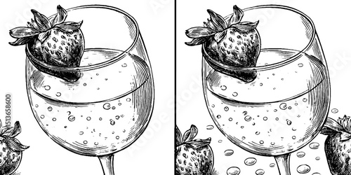 Engraved illustration of sparkling rosé glass with strawberry accent