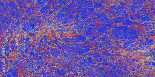 Abstract digital artwork depicting a network or interconnected pattern in red gold and white on blue