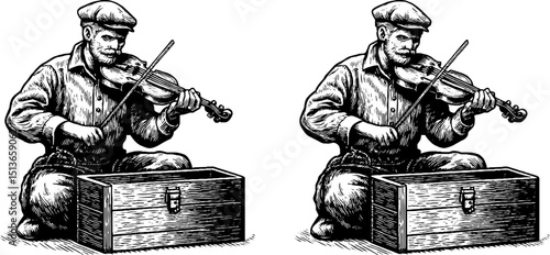 Engraved illustration of street musician playing violin in vintage style