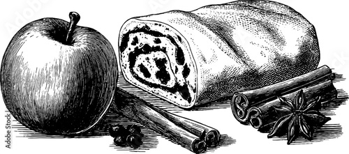 Vintage engraving of strudel slice with apple, cinnamon sticks, and star anise