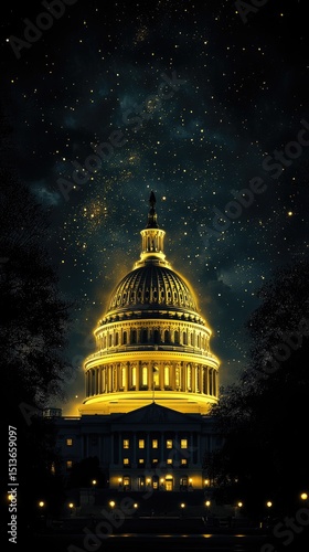 Illuminated dome of a government building at night under a starry sky.