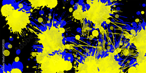Abstract expressionist artwork in yellow and blue splatter against a black background creative grunge design