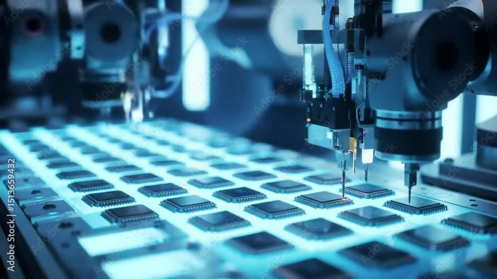 Automated Precision: Semiconductor Chip Assembly Line in Motion with Robotic Arms Automated Precision: Semiconductor Chip Assembly Line in Motion with Robotic Arms