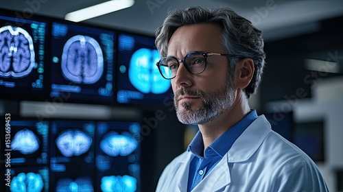 Doctor analyzing brain scans medical professional looking at mri images in hospital neuroscience research