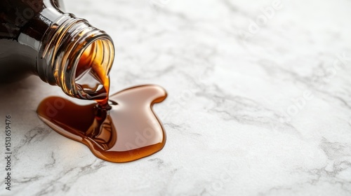 A bottle of thick syrup is spilling onto a smooth marble surface, capturing the rich golden brown color and glossy texture, creating a mouthwatering visual experience.