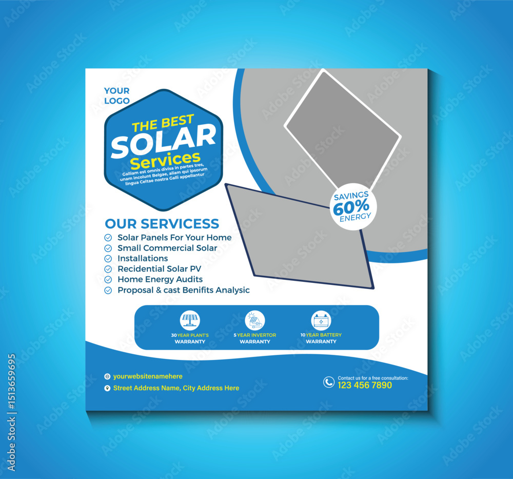 Fototapeta premium Professional social media post template for promoting solar system services. Ideal for eco-friendly brands, solar panel installers, clean energy providers, and sustainable power marketing campaigns.