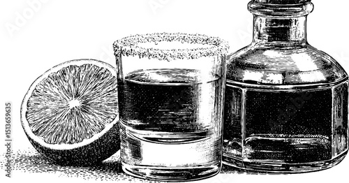 Engraved illustration set featuring tequila bottle, shot glass, and orange slice