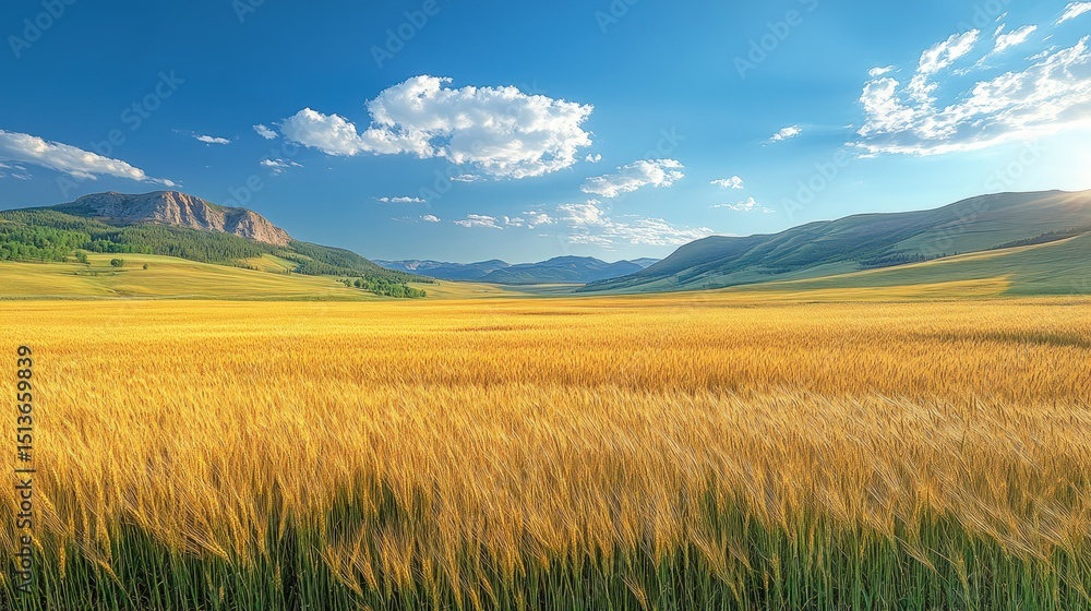 Fototapeta premium Golden wheat field stretches under a vibrant sky. Mountains rise in the distance