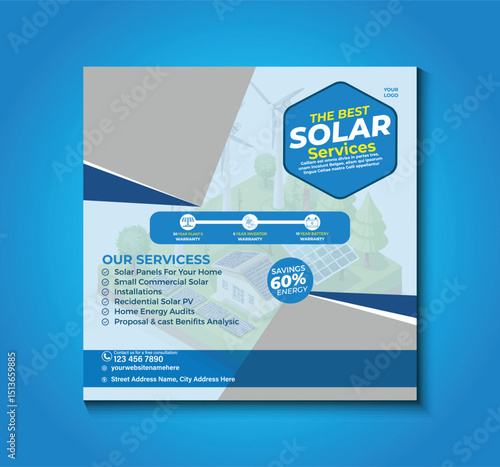 Modern and clean solar energy social media post template for promoting eco-friendly services. Perfect for companies offering solar panel installation, energy consulting, and renewable solutions.e