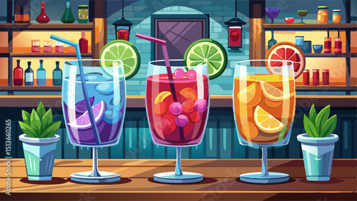 Tree colorful gin tonic cocktails in glasses on bar counter in pup or restaurant.