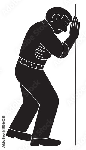 Silhouette of a man clinging to something unseen with his face turned away, sad man silhouette