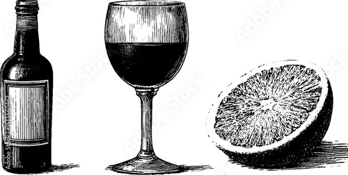 Vintage engraved illustration of vermouth bottle, wine glass, and citrus slice for beverage design