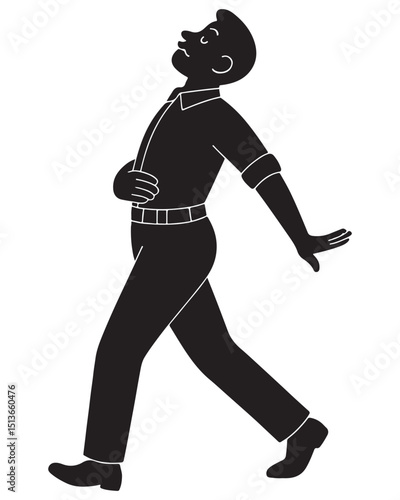 Silhouette of a man walking with exaggerated pride, nose in the air, man walking with pride