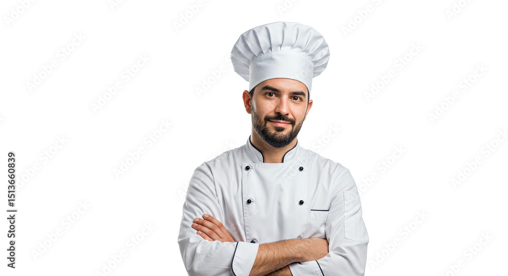 Confident chef with arms crossed wearing a traditional white uniform smiling Confident chef with arms crossed wearing a traditional white uniform smiling