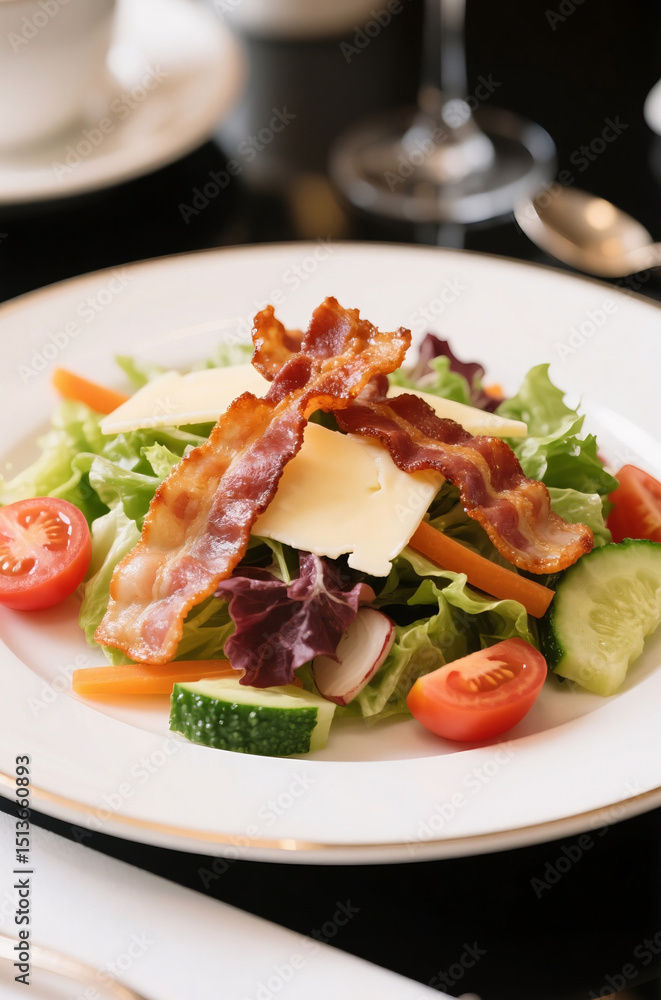A plate of salad with crispy bacon, cucamber, tomato and various vegetables A plate of salad with crispy bacon, cucamber, tomato and various vegetables