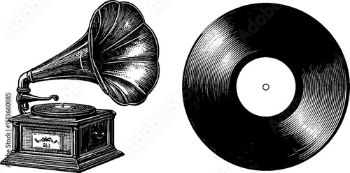 Vintage gramophone and vinyl record engraved illustration for retro music design