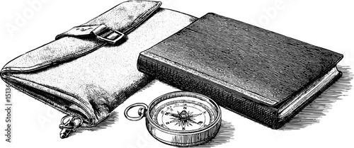 Vintage travel essentials: engraved compass, leather bag, and diary illustration