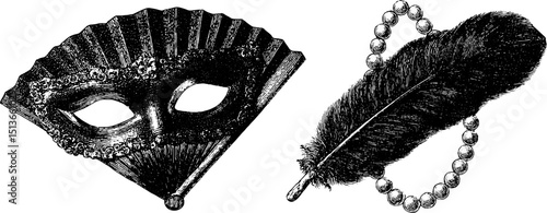 Vintage opera mask and feather set - engraved illustration for historical or theatrical design