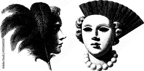 Engraved vintage opera masks set with feather and beaded designs for classic theatrical themes