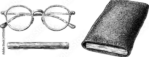 Vintage spectacles and case engraved illustration for antique design and collectibles
