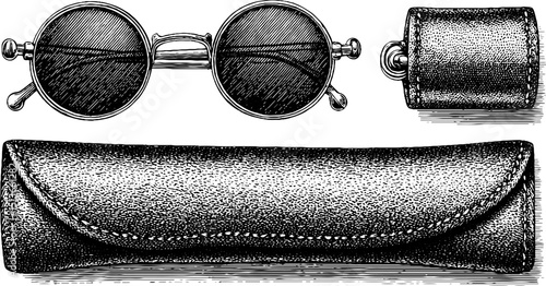 Vintage spectacles engraved illustration set featuring glasses, case, and holder for antique design