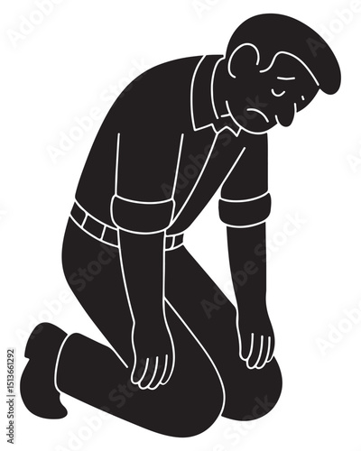 Silhouette of a man collapsed forward on his knees, arms limp, broken man silhouette