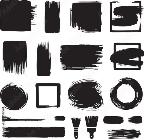 Brush frame rough rectangle box shape set. Text box frame rough grunge square, oval paint shape element. Hand drawn texture grunge brush rectangle, circle round text border.eps