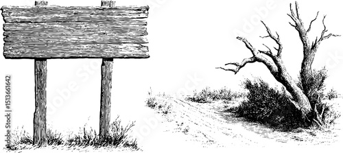 Engraved illustration of weathered road sign and lone tree in rustic landscape