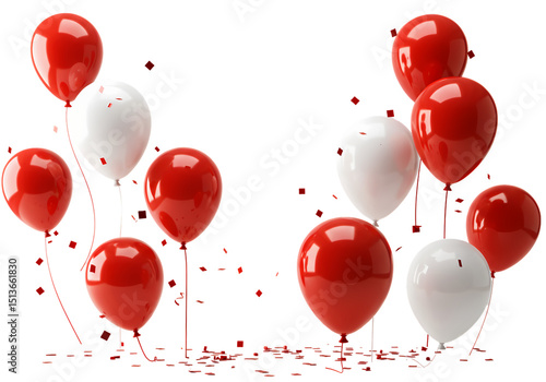 Red and White Balloons with Confetti isolated on transparent baackground