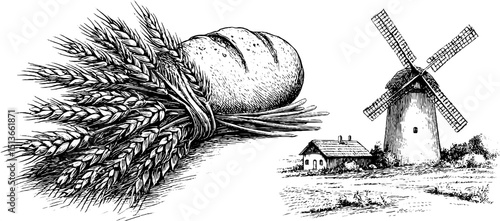 Traditional agriculture: wheat bundle and bread with windmill landscape engraving