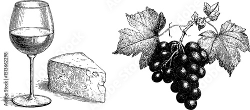 Vintage engraved illustration of wine glass, cheese, and grapes for design projects
