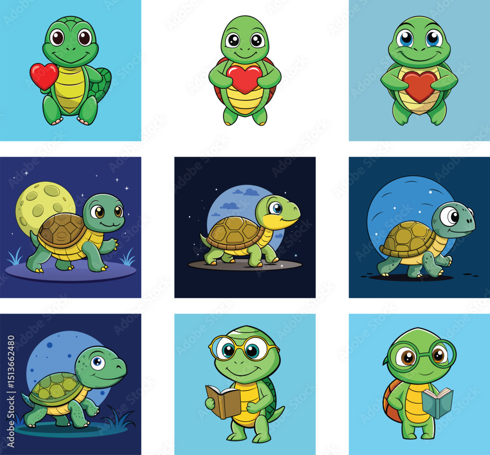 Fototapeta premium Cartoon Turtles Character Collection With Hearts And Books For Kids Illustrations